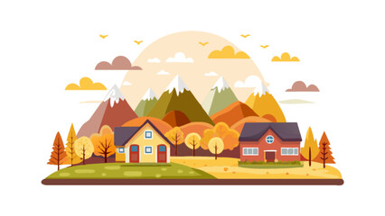 Naklejka premium Flat vector illustration of autumn landscape with houses mountains and trees for graphic design needs