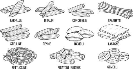 Various italian pasta types icons. Noodles different, lasagne, spaghetti and penne. Simple black and white traditional macaroni of different shapes and names.