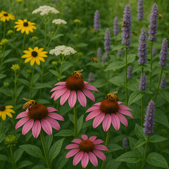 Bee-friendly garden design prioritizes plants that provide nectar and pollen for pollinators generative AI