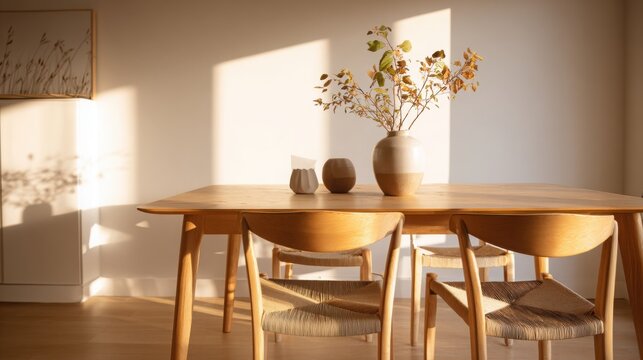minimalist dining room at sunset, warm golden hour light, natural wood table, soft shadows, cozy and calm atmosphere 