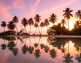 Obraz premium Tropical sunset over calm water, palm trees reflected