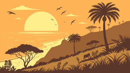 Tropical sunset landscape vector illustration with palm trees beach and birds silhouette design art