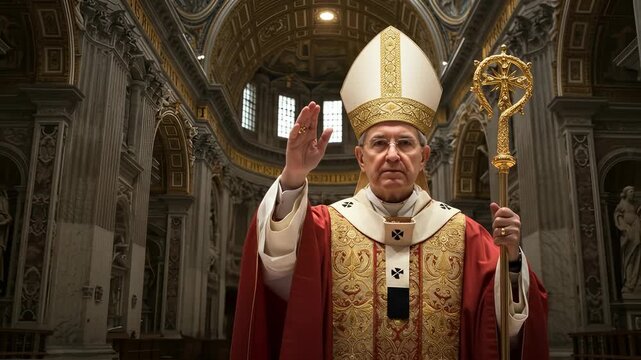 Senior Catholic Clergy Blessing Congregation with Crosier in Grand Basilica