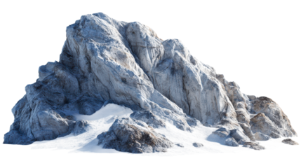 Large rocky mountain formation with snow on a transparent background