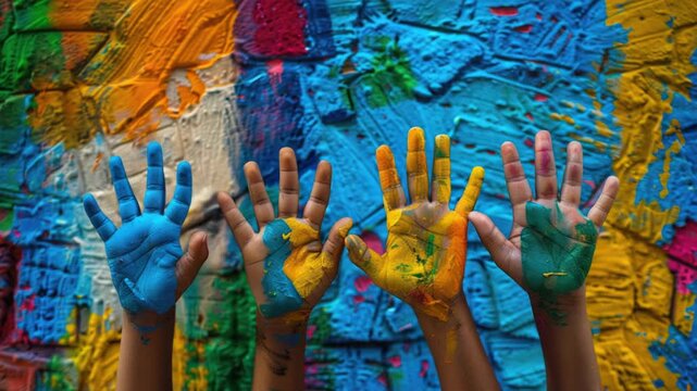 A group of colorful handprints by children