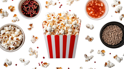 Delicious popcorn in a huge red white striped cart on white background PNG 
