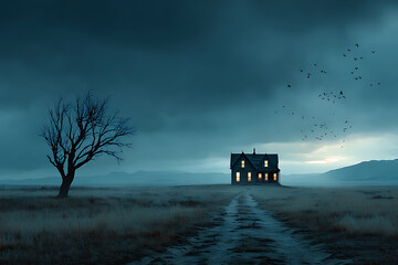 Fototapeta premium Mysterious Abandoned House at Dusk with Dark Clouds and Birds