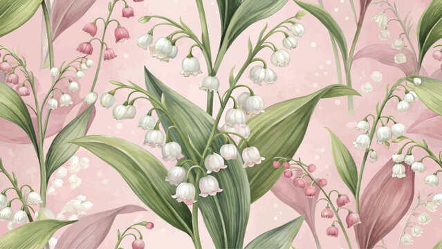 Illustration Seamless Digital Floral Pattern Lily of the Valley Flowers Pink White High Resolution Pastel Pink Background Design for Textile or Wallpaper.