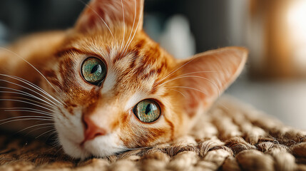 An orange cat lies on the woven carpet in front of an indoor plant and looks at me with big eyes