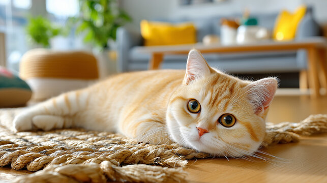 An orange cat lies on the woven carpet in front of an indoor plant and looks at me with big eyes