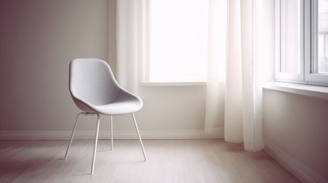 minimalist interior, soft white and gray tones, empty chair by window, diffused light, quiet and lonely mood, minimal decor