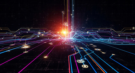Abstract motherboard circuit technology and digital data flow visualization with colorful glowing lines and connections for future tech and innovation