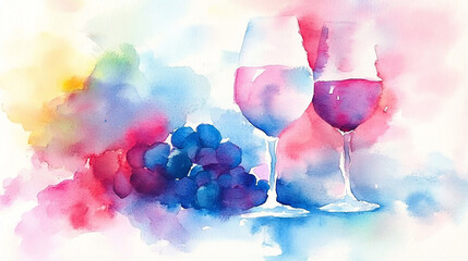 Watercolor Painting of Red Wine Glasses and Grapes
