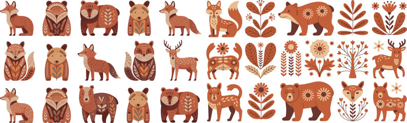 Scandinavian Folk Animals Vector Pack – Fox, Bear & Deer in Earthy Tones