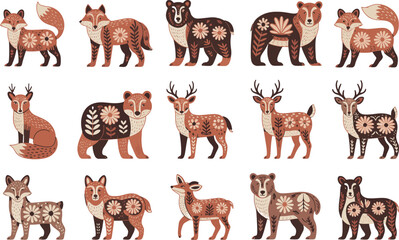 Fototapeta premium Scandinavian Folk Animals Vector Pack – Fox, Bear & Deer in Earthy Tones