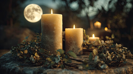 Mystical candle ritual under full moonlight.