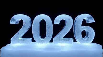 Ice-sculpted 2026 numerals glowing with a frosty blue hue on a cold icy surface against a dark background, symbolizing winter and the new year