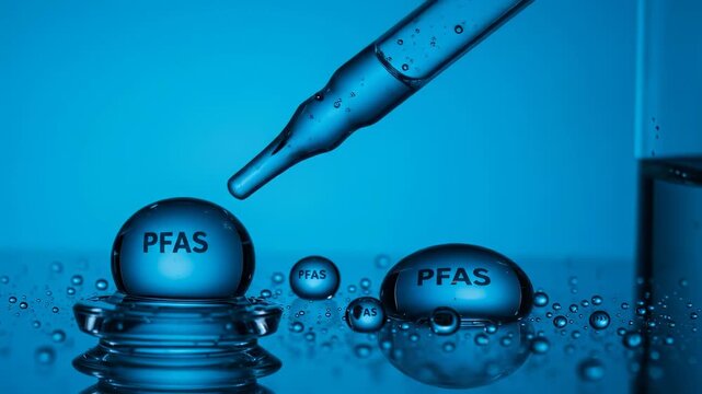 PFAS chemical detection with a scientific dropper, laboratory research on water pollution and environmental safety