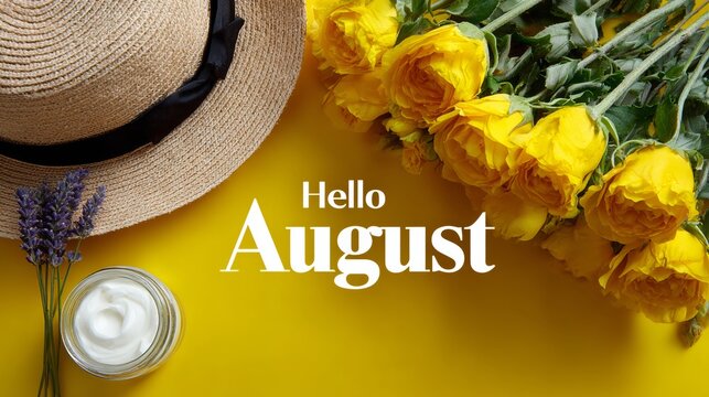 Yellow hat and a bunch of yellow roses are on a yellow background. The text says "Hello August" - Powered by Adobe