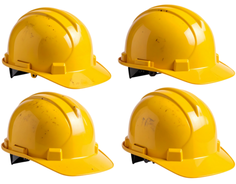 Set Side Angle of Worn Yellow Hard Hat with Scratches and Dirt, Realistic Style, Isolated PNG