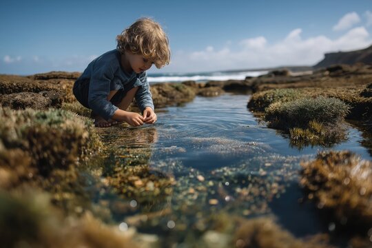 Child explores rock pools on shore, watching sea creatures move beneath surface