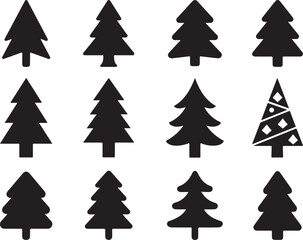 Obraz premium Christmas Tree Silhouette Vector Icon Set, Holiday Pine Tree Collection in Black.