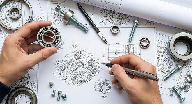 Detailed engineering drawing being reviewed with bearing and hardware showcasing precision design and mechanical expertise with technical specifications for product development