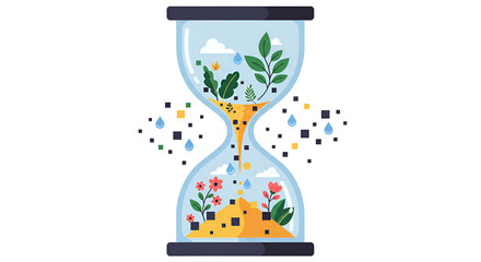 Stylized Hourglass with Plants and Water Droplets on White Background