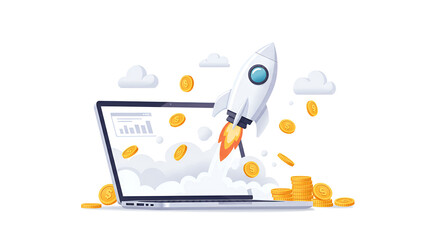 Rocket Launching From Laptop With Gold Coins on White Background