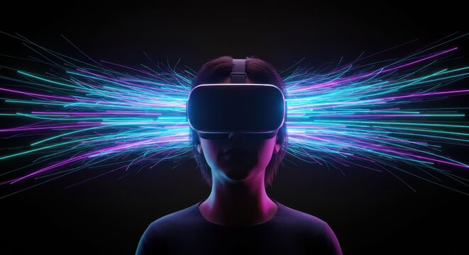 VR headset wearer with glowing neon light trails bursting from behind