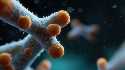 Abstract representation of virus particles or bacteria, highly detailed under a microscope. Medical illustration, disease prevention. Microscopic, scientific.