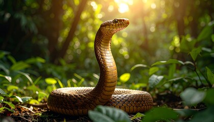 Fototapeta premium Medium shot of a striking cobra mid-hood display, golden brown body shimmering under soft spotlight, dark blurred jungle background