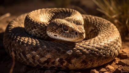 Fototapeta premium Close-up of a terrifying rattlesnake coiled and ready to strike, glowing amber eyes, dusty patterned skin under low key lighting