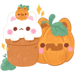 White cat with two halloween pumpkins, halloween cartoon