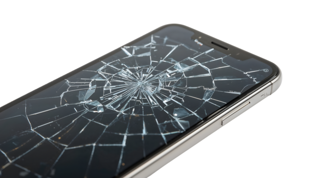 Closeup of cracked smartphone screen on modern mobile device