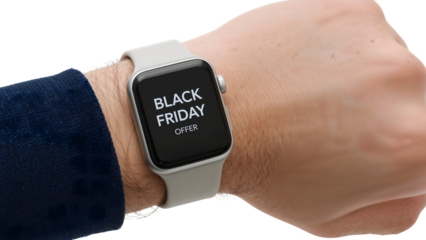Smartwatch displaying black friday offer on human wrist in focus