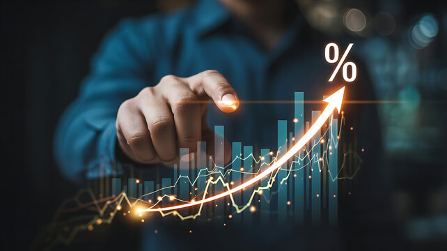 Financial growth chart with rising percentage and a man pointing towards success depicting investment and business strategy for profit