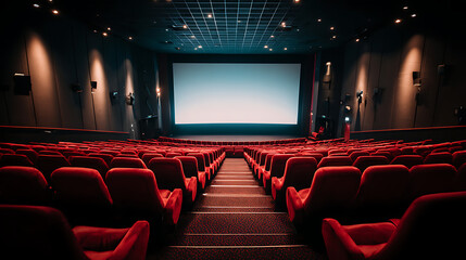 Modern Cinema with Red Velvet Seats Symmetrical Theater Interior