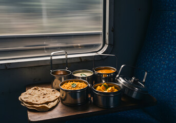 Delicious Indian meal served in train with chapati and curries