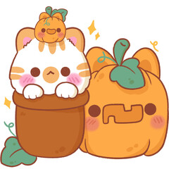Cute white-orange cat with halloween pumpkin, halloween cartoon
