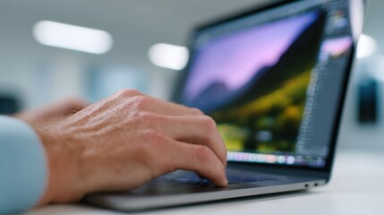 Designer working on a laptop with a large digital design displayed on screen, modern workspace. UI/UX, graphic design. Clean, focused.