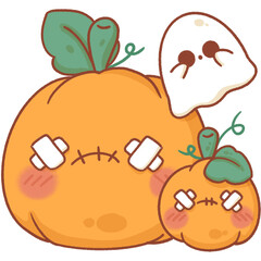 2 pumpkin cartoons with little ghost, halloween decoration 