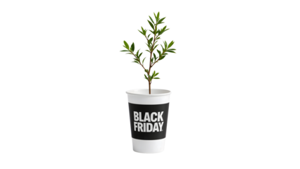 Black friday concept: green plant growing in branded cup with ecofriendly message