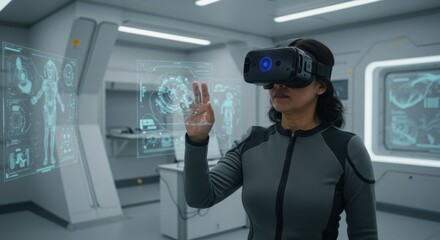 Woman in VR headset interacts with holographic displays in a futuristic laboratory