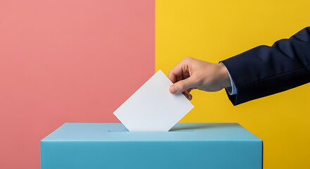 Hand placing ballot in vote box concept of democracy and election integrity and civic responsibility on colorful background