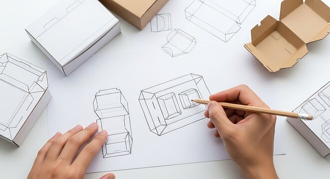 Hands sketching cardboard box design layout packaging solutions on white paper workspace for mockups and prototyping concepts product development processes