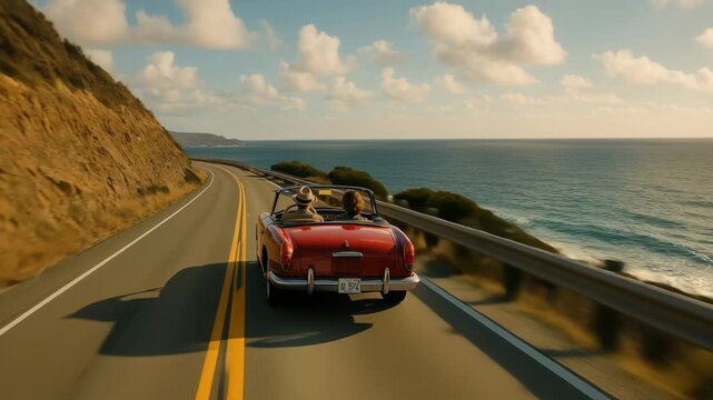 Aerial video shot of a vintage red convertible driving along a coastal road, capturing scenic ocean views and a relaxed, nostalgic vibe. Live desktop wallpaper.