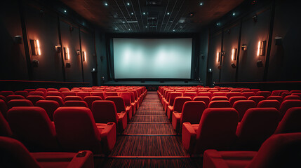 Fototapeta premium Modern Cinema with Red Velvet Seats Symmetrical Theater Interior