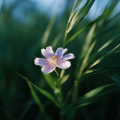 Close-up of a single wildflower in a meadow, delicate and resilient. Nature, simplicity. Soft focus.