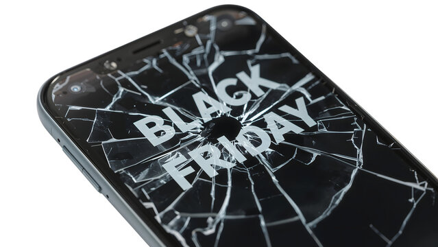 Shattered smartphone screen displaying black friday message: discounts come with consequences